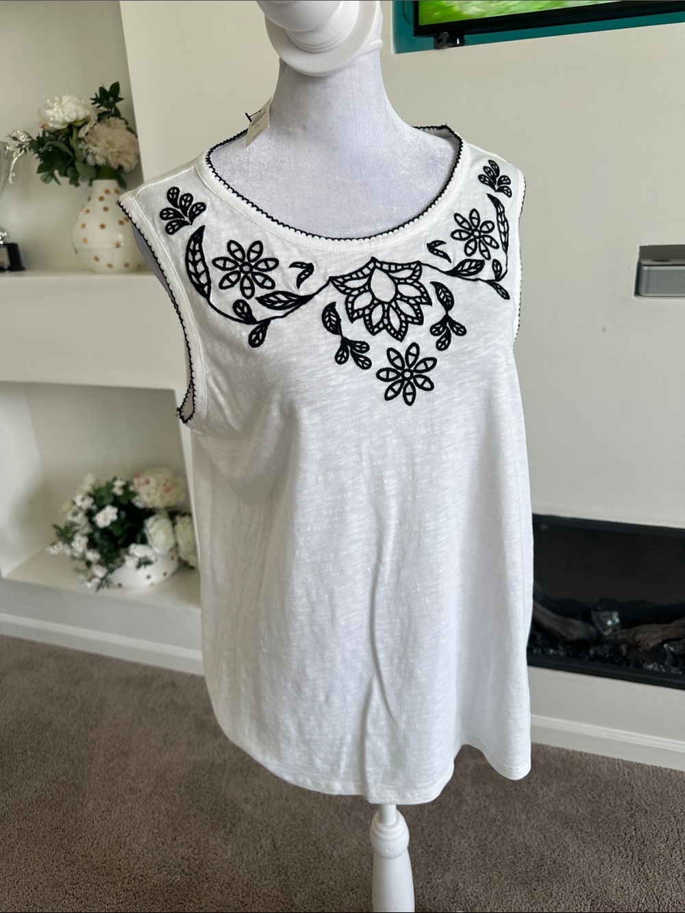 Talbots White Tank Top with Black Floral Embroidery